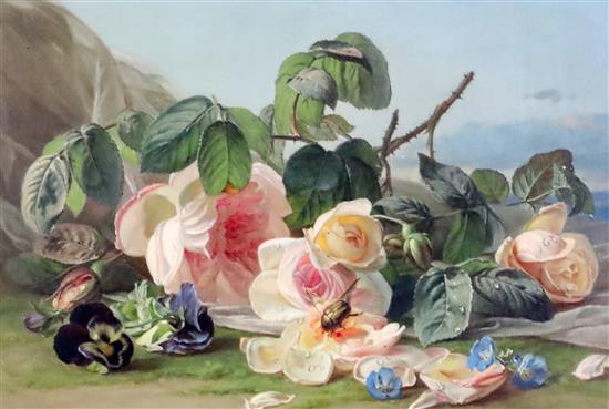 Theude Gronland (1817-1876) Still life of roses, pansies and a beetle 8.25 x 12in.